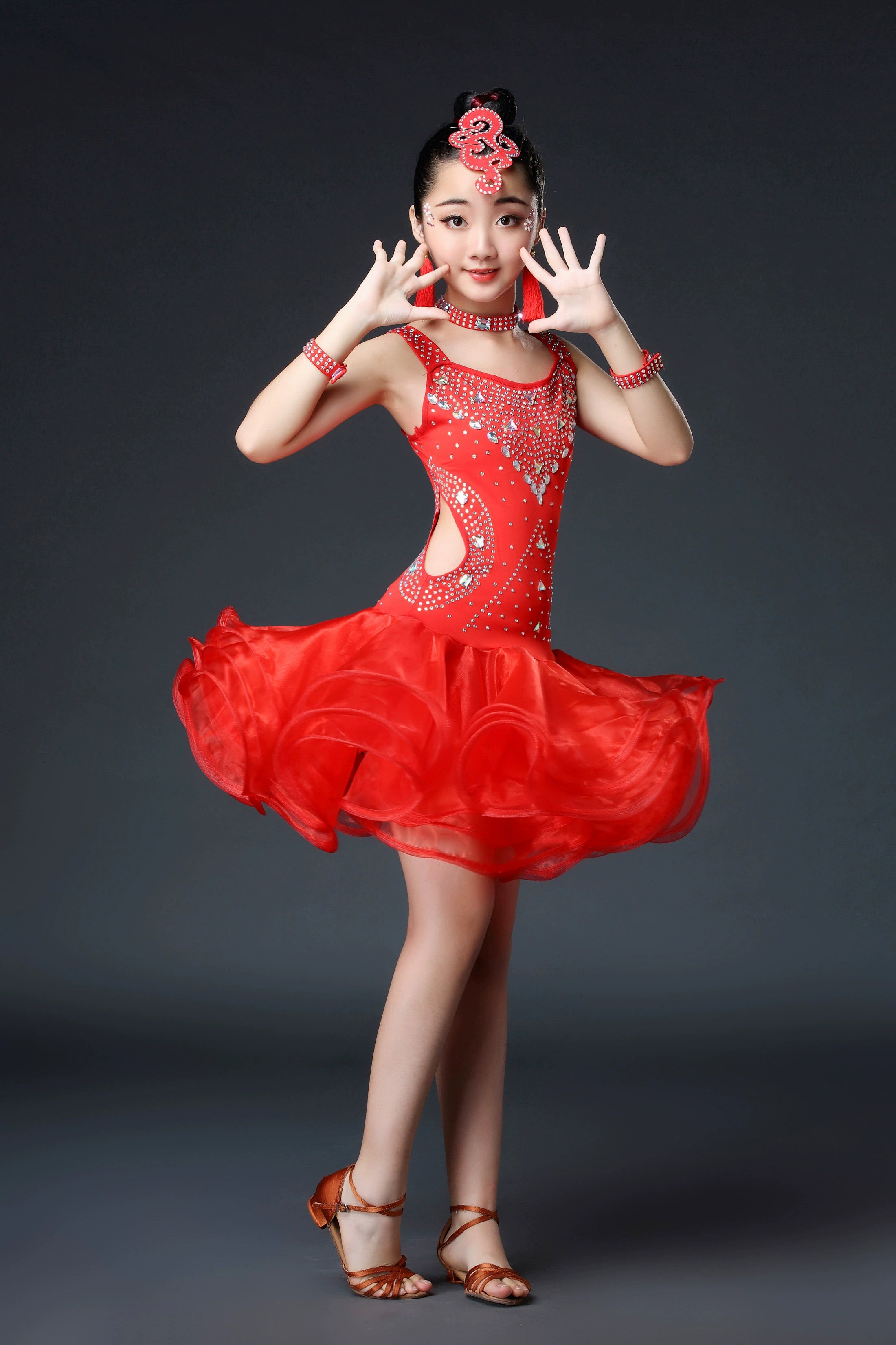 Competition Latin Dance Dresses for Kids Girls Orange White Red Neon Green Rhinestones Competition Grade Salsa Chacha Party Performance Outfits for Kids - Moderndancedress.com
