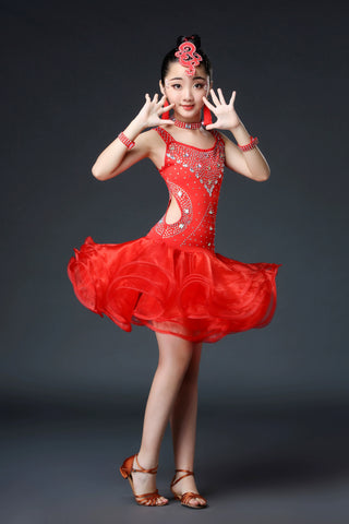 Competition Latin Dance Dresses for Kids Girls Orange White Red Neon Green Rhinestones Competition Grade Salsa Chacha Party Performance Outfits for Kids - Moderndancedress.com