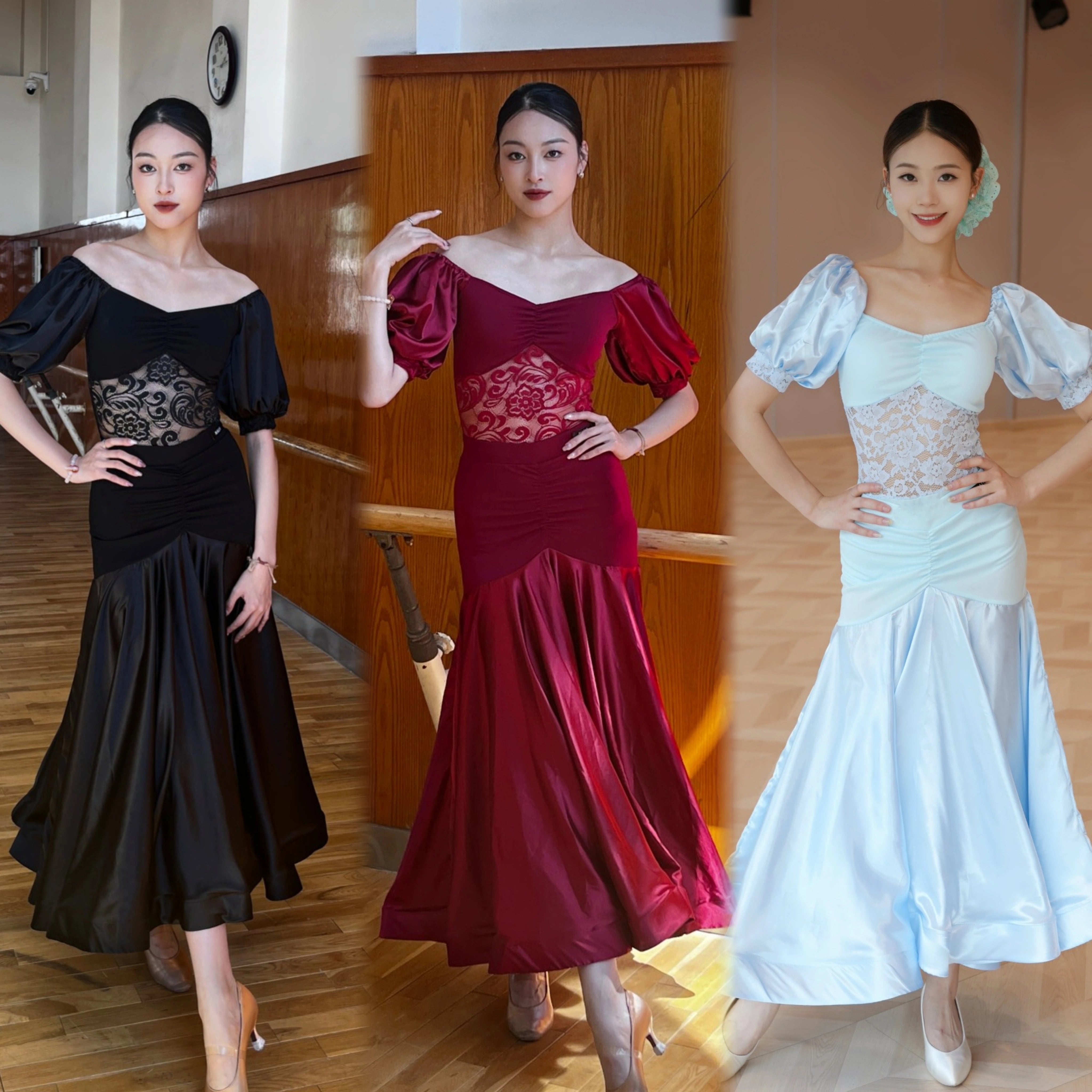 Black Wine Lace Ballroom Dance Dresses for Women Girls Waltz Tango Foxtrot Rhythm Performance Gown - Moderndancedress.com