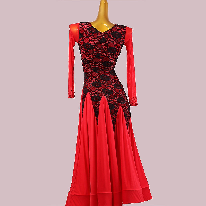 Custom Size Red Lace Competition Ballroom Dance Dresses for Women Waltz Tango Foxtrot Rhythm Dance Long Gown