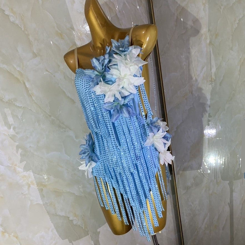 Custom Size Turquoise Blue Fringe Competition Latin Dance Dresses for Women Girls Salsa Rumba Chacha Dance Skirts - Moderndancedress.com