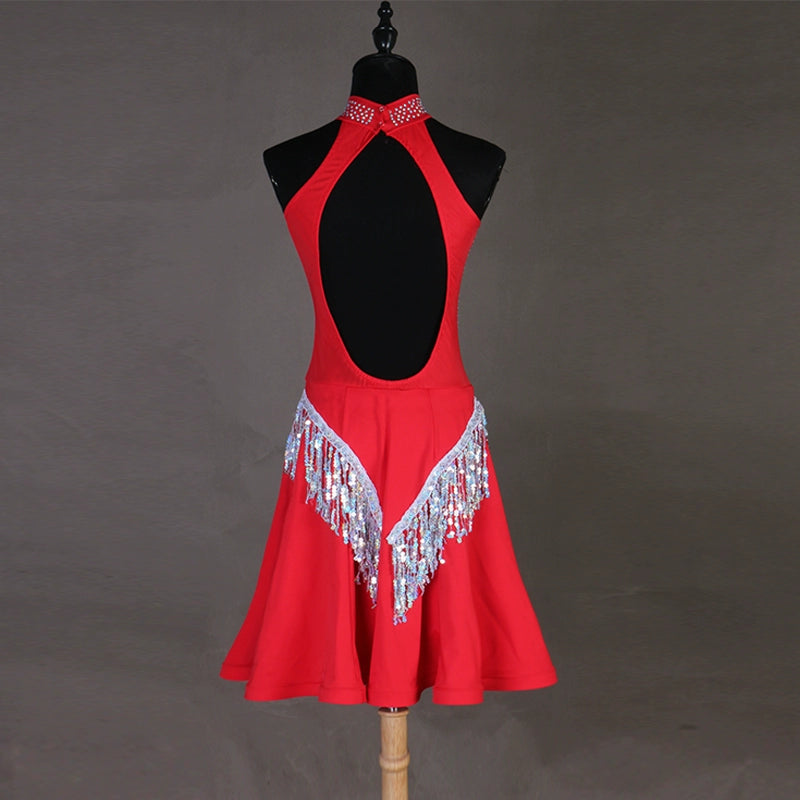 High-end Latin skirt professional competition dress sequins tassels dress customizable for children - Moderndancedress.com