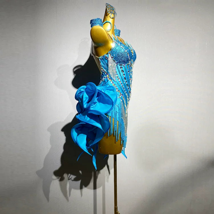 Custom Size Turquoise Competition Latin Dance Dress Bling Bead Tube Salsa Chacha Performance Costume