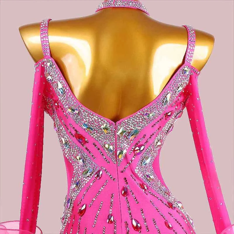 Custom Ombre Pink Ballroom Dance Dress with Crystals Smooth Foxtrot Dance Gown