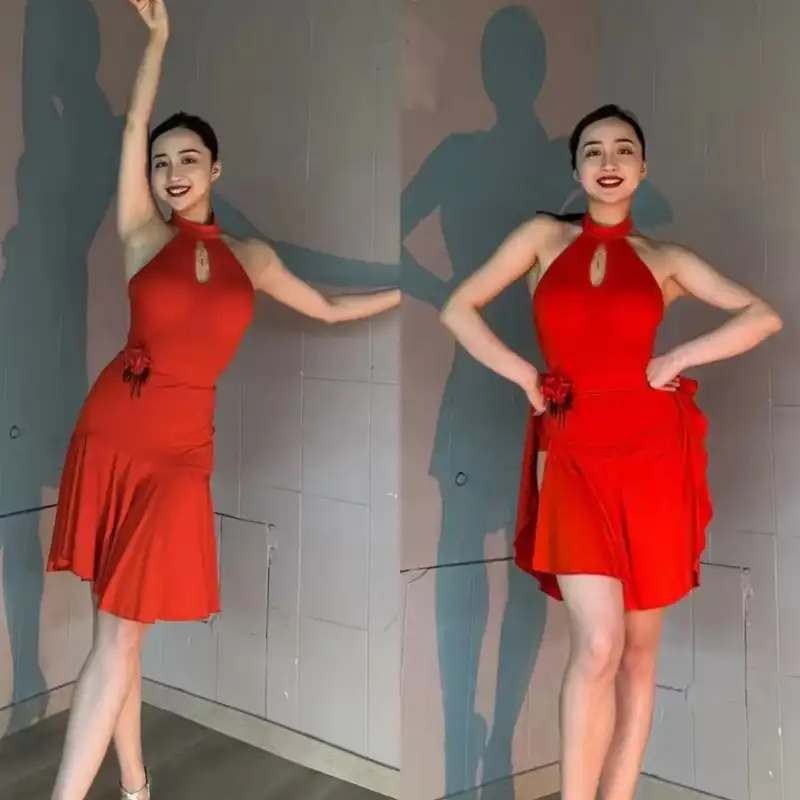Red latin ballroom dance dress for women girls halter neck backless chacha rumba salsa rhythm dancing costumes for female - Moderndancedress.com