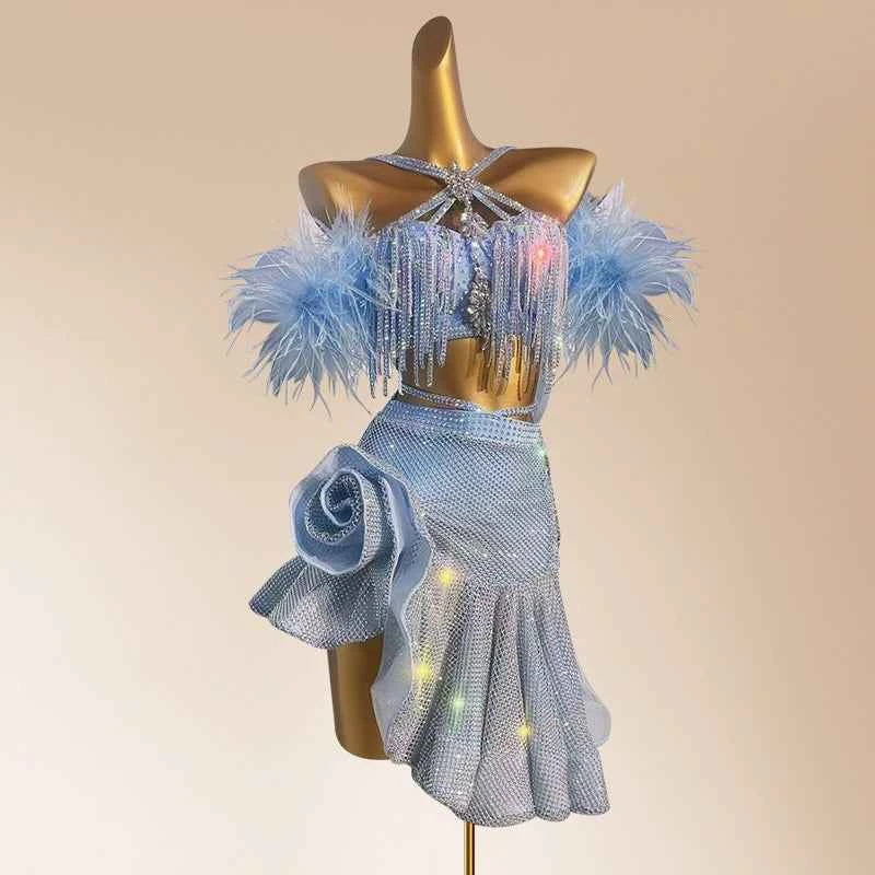 Custom Size Competition Latin Dance Dresses for Women Girls Blue Pink Feather Salsa Rumba Blackpool Dance Costumes