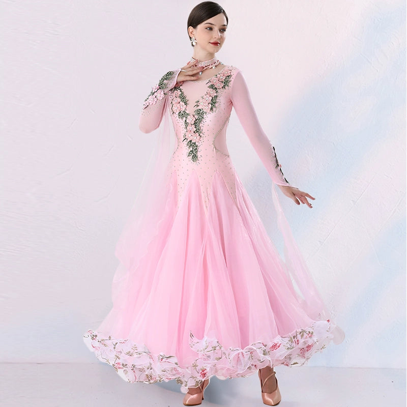 Women's Competition ballroom dance dresses for girls white pink blue waltz tango foxtrot rhythm moving dance long gown with float sleeves - Moderndancedress.com
