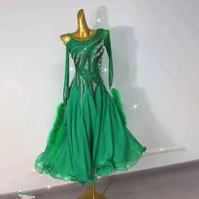 Customized Size Green Ballroom Dance Dresses for Women Girls Rhinestones Waltz Tango Rhythm Dancing Costumes