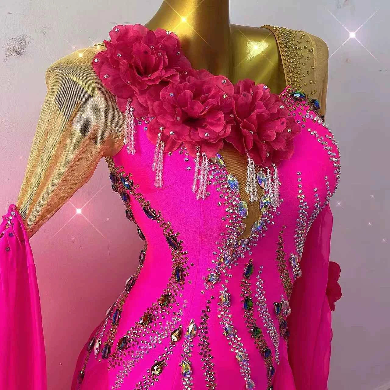 Custom Hot Pink Flowers Competition Ballroom Dance Dress for Women Waltz Tango Smooth Dance Long Gown