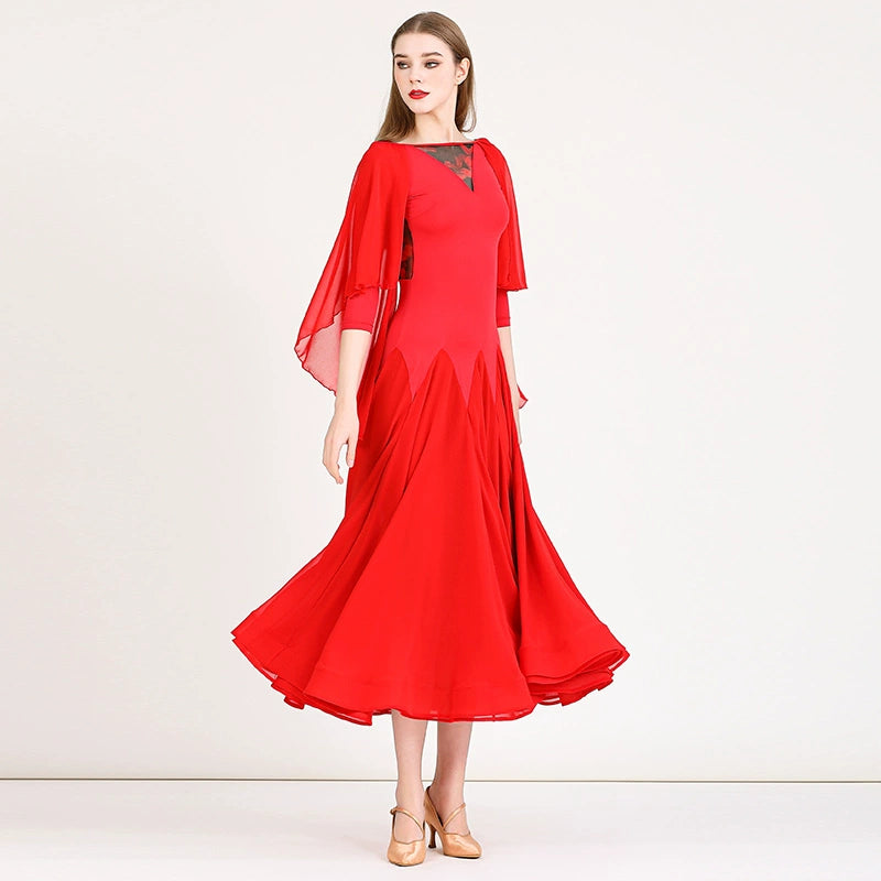Women Green red ballroom dance dresses Ice silk flowing chiffon national standard waltz tango dance practice suit - Moderndancedress.com