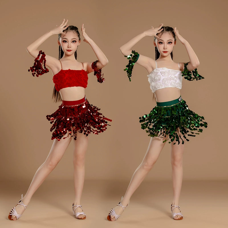 Girls Latin Dance Dresses Green Red Sequins Salsa Rumba Chacha Rose Jazz Dress for Kids Art Examination Outfits