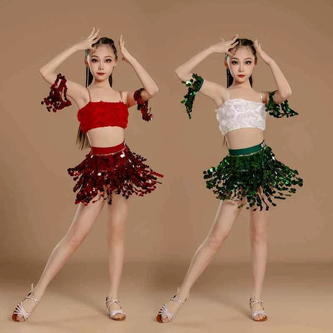 Girls Latin Dance Dresses Green Red Sequins Salsa Rumba Chacha Rose Jazz Dress for Kids Art Examination Outfits