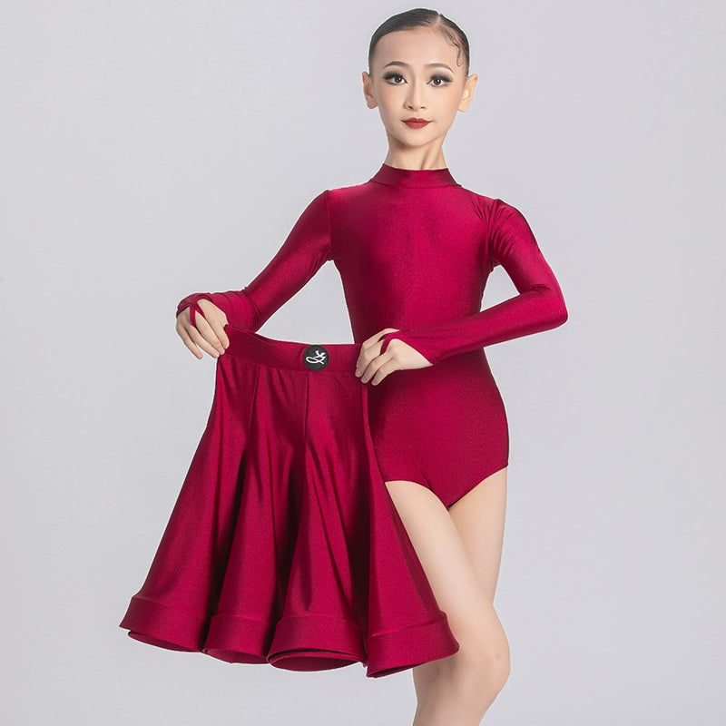 Professional Ballroom Latin Dance Dresses for Girls Kids Wine Lavender Purple Navy Long Sleeves Salsa Rumba Chacha Performance Costumes - Moderndancedress.com