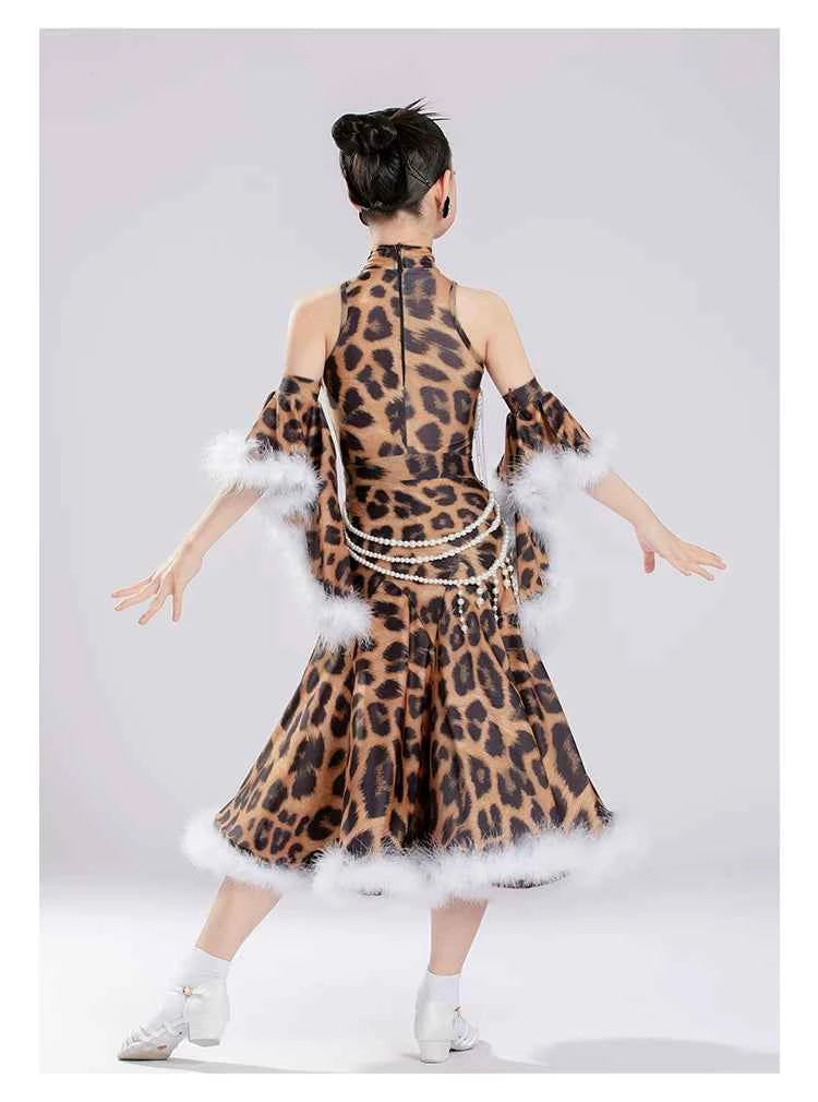 Girls Leopard with Feather Ballroom Dance Dress for Kids Children Waltz Tango Performance Gown