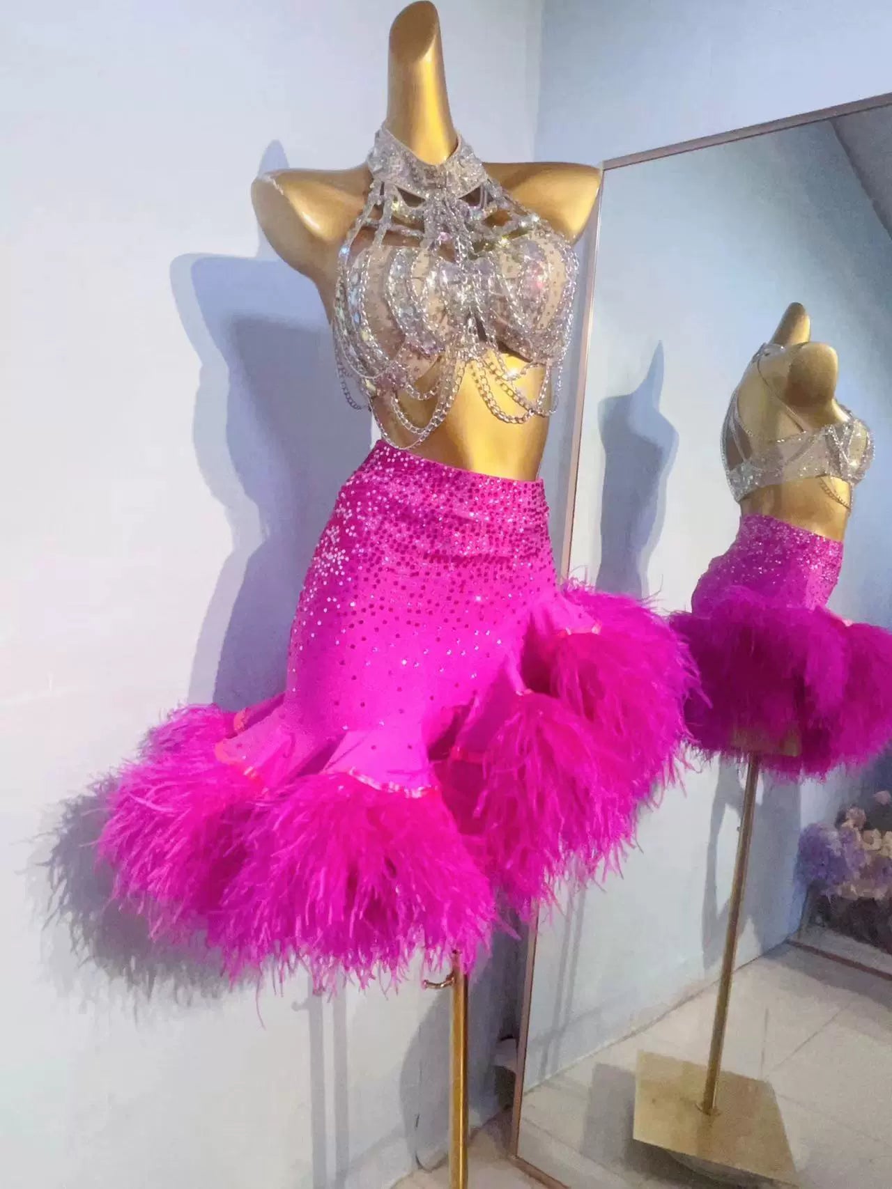 Custom Size Competition Blue Pink Feather Latin Dance Dresses for Women Girls Salsa Rumba Chacha Dance Wear - Moderndancedress.com