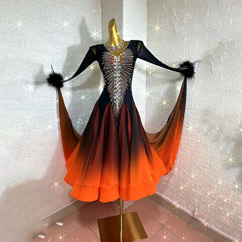 Custom Size Orange Competition Ballroom Dance Dresses for Women Diamond Waltz Tango Rhythm Performance Long Gown