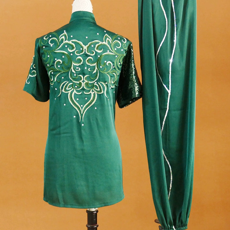 Customized size dark green tai chi clothing Martial art clothes for adult kids Changquan Nanquan Wushu competition Uniforms - Moderndancedress.com