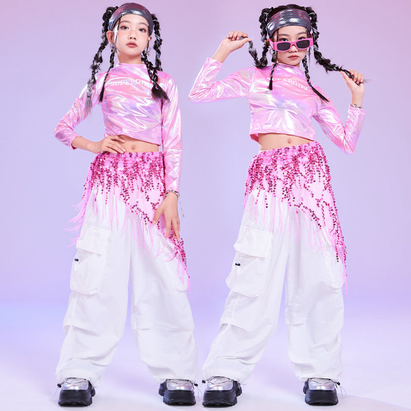Girls Jazz Dance Costumes Kids Khiphop Metallic Pink Street Outfits & Cargo Pants Set