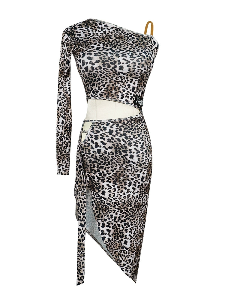 Leopard Print Latin Dance Dresse for Kids Girls Long-sleeved Slanted Shoulder Salsa Chacha Latin Ballroom Dance Clothes for Kids - Moderndancedress.com