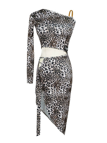 Leopard Print Latin Dance Dresse for Kids Girls Long-sleeved Slanted Shoulder Salsa Chacha Latin Ballroom Dance Clothes for Kids - Moderndancedress.com