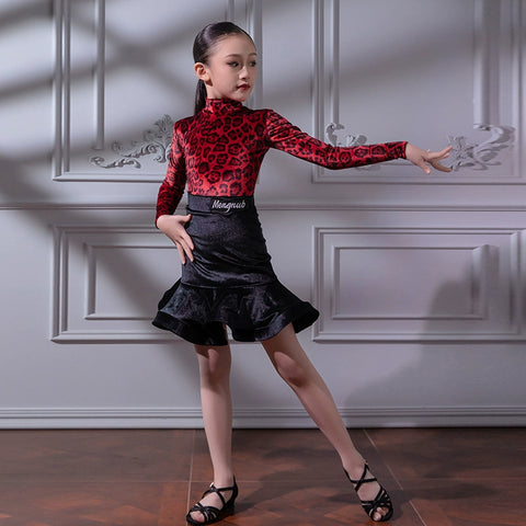 Children's Green Red Leopard Velvet Latin Dance Dresses for Girls Juvenile Salsa Rumba Chacha Ballroom Dancing Costumes for Kids
