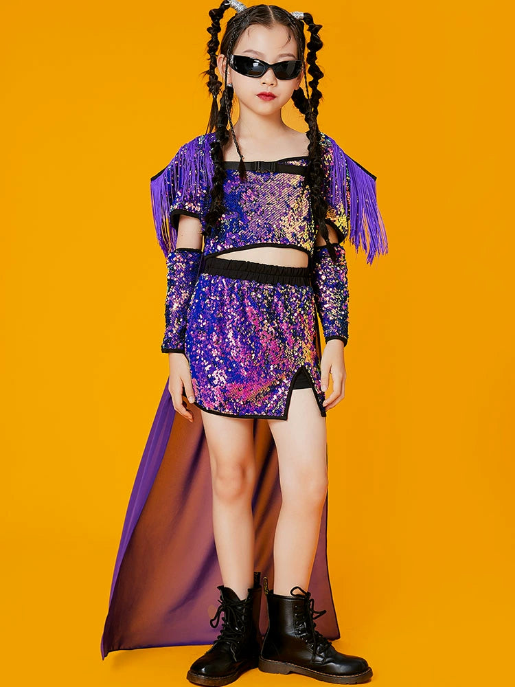 Children's Purple Red Sequins Street Jazz Dance Costumes Party Rapper Singers Gogo Dancers Wear Runway Model Walk Show Outfits - Moderndancedress.com