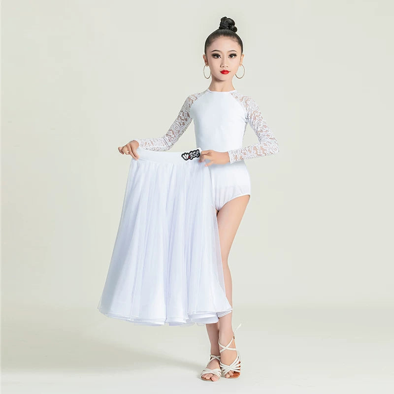 White Blue Lace Ballroom Dance Dresses for Girls Kids Waltz National Tango Dance Skirt Performance Regulations Clothes