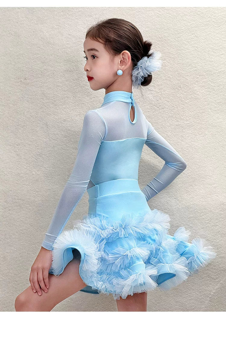 Girls Latin Dance Dress Blue Black Ruffles Skirts Ballroom Salsa Dance Costumes