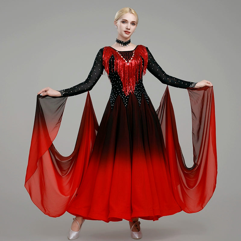 Gradient Red White Competition Ballroom Dance Dresses for Women Girls Waltz Tango Squin Fringe Modern Dance Skirt Party Dancing Gown - Moderndancedress.com