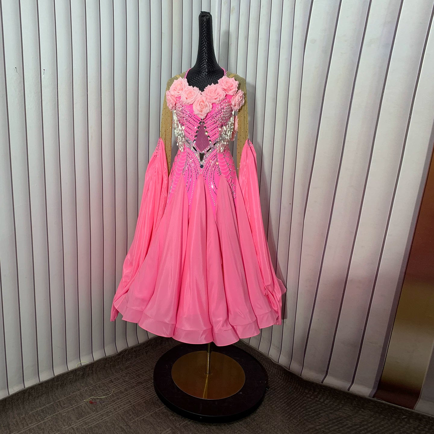 Custom Pink Ballroom Dance Dress with 3D Roses Crystals Fringe Competition Waltz Tango Dancing Gown