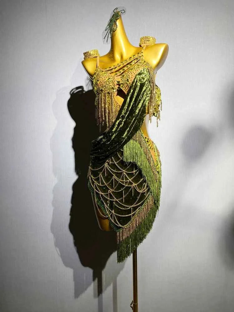 Custom Size Olive Green Competition Latin Dance Dresses for Women Gold Diamond Salsa Rumba Chacha Blackpool Dance Outfits