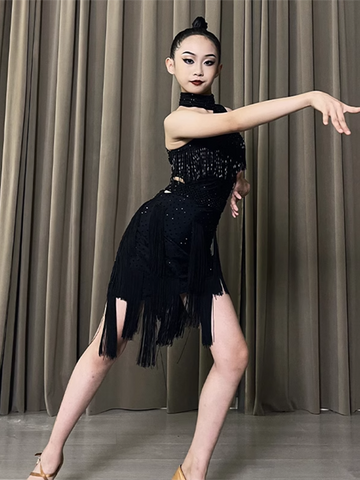 Custom size Girls kids black competition latin dance dresses juvenile gemstones salsa ballroom performance floral costume art exam skirt - Moderndancedress.com