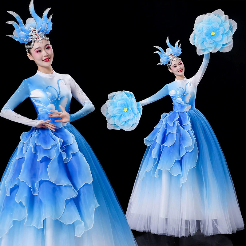 Women girls Opening Dance flamenco dance petals dresses pink blue green yellow church choir performance gown modern dance solo Choral wear - Moderndancedress.com