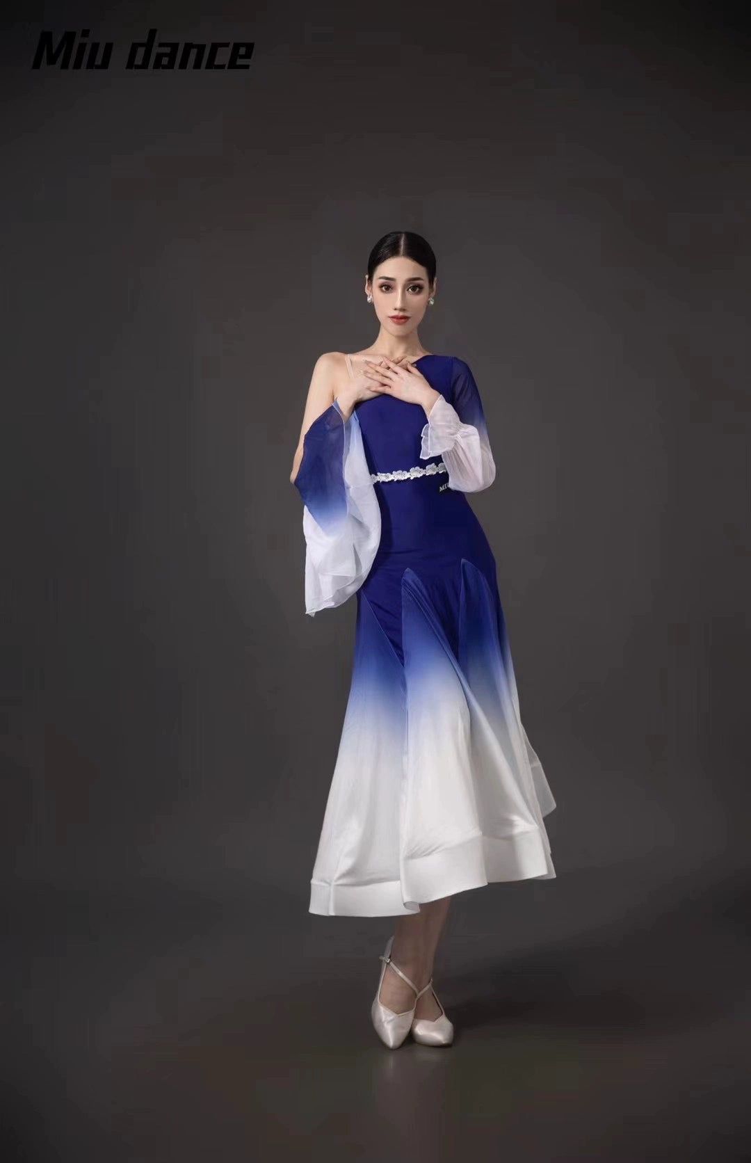 Blue Gradient modern Ballroom dance dresses for women girls one shoulder slant neck tango waltz foxtrot smooth dance fishbone skirt with belt - Moderndancedress.com