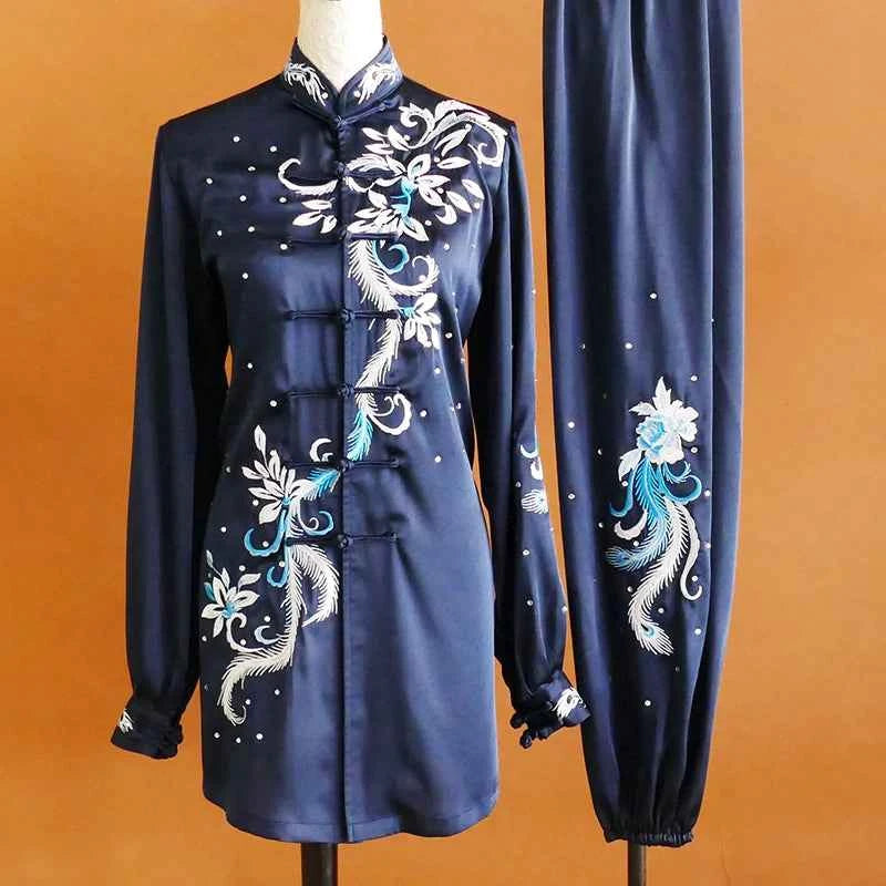 Custom Size Tai Chi Clothing Purple Blue Embroidered Flowers Wushu Martial Arts Competition Uniforms Baduanjin Clothes