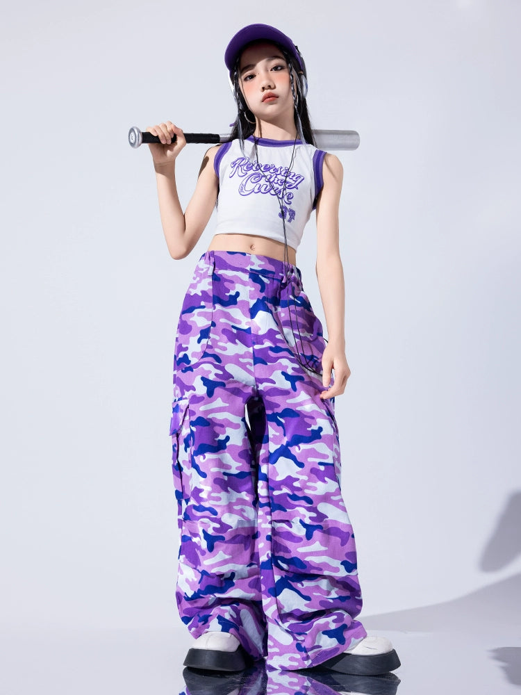 Girls Purple Camo One Shoulder Jazz Dance Costume Street Hip Hop Performance Outfits for Kids Children Gogo Dancers Stage Dance Outfits - Moderndancedress.com