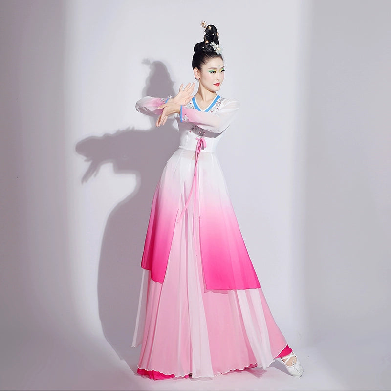 Pink green gradient chinese folk dance costumes women ancient traditional classical dance performance dresses female fairy hanfu - Moderndancedress.com