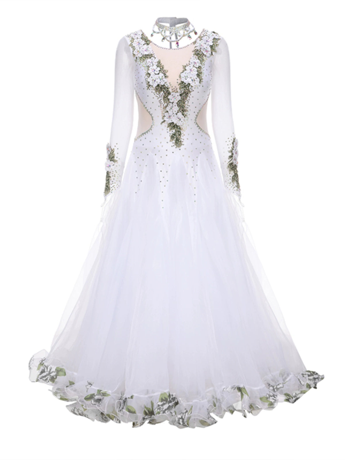 Women's Competition ballroom dance dresses for girls white pink blue waltz tango foxtrot rhythm moving dance long gown with float sleeves - Moderndancedress.com