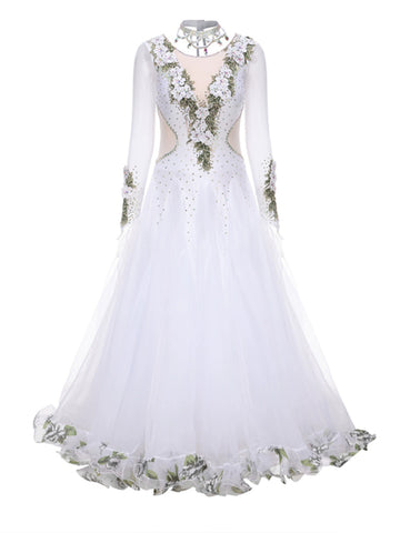 Women's Competition ballroom dance dresses for girls white pink blue waltz tango foxtrot rhythm moving dance long gown with float sleeves - Moderndancedress.com