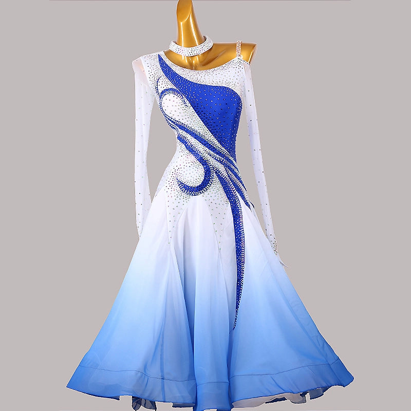 Custom Size Royal Blue White Ballroom Dance Dresses for Women Girls Waltz Tango Foxtrot Smooth Dance Long Swing Skirts
