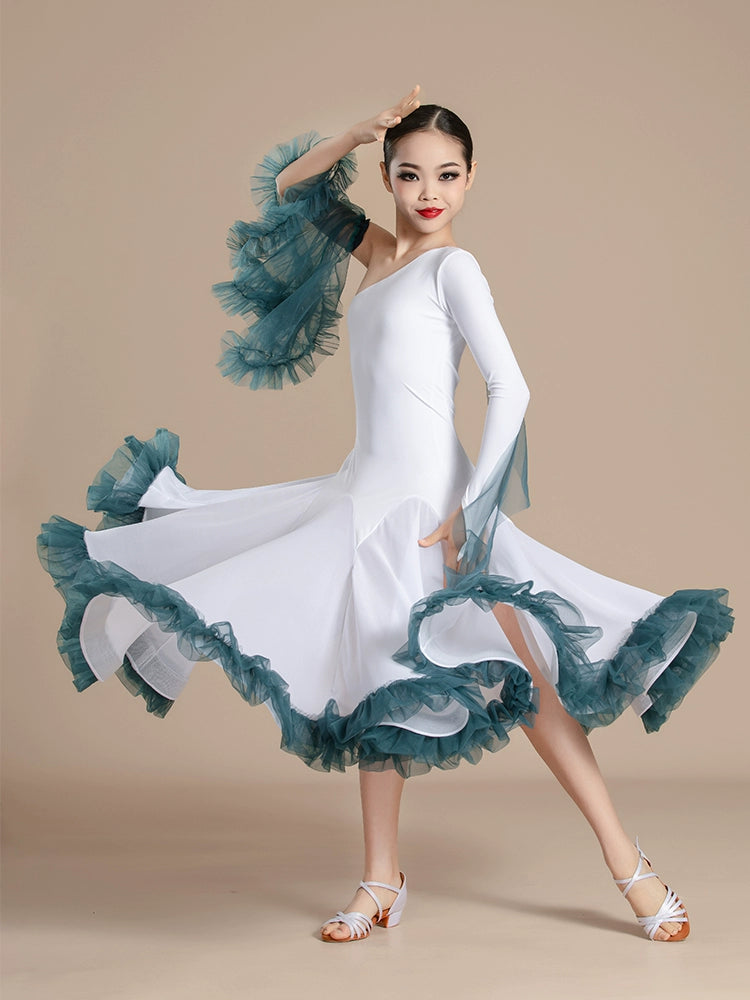 White with Blue Slant Neck Ballroom Dance Dresses for Girls Kids Competition Ballroom Tango Waltz with Float Art Test Training Uniforms - Moderndancedress.com