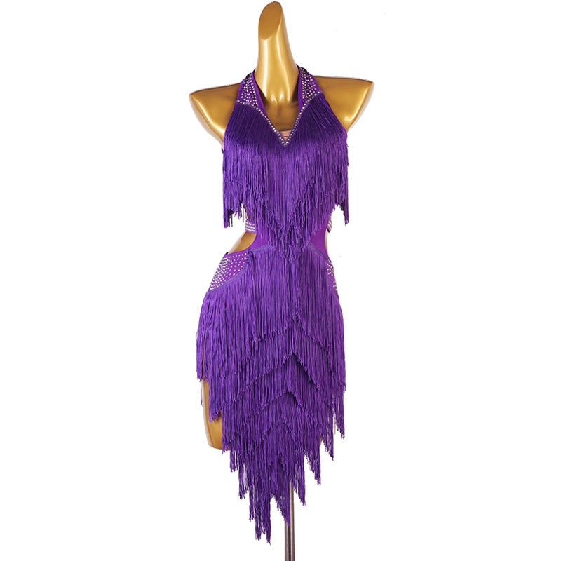 Latin Dance Competition Dresses for Women Girls Navy Yellow Blue Red Purple Dark Green Diamond Haler Neck Latin Salsa Rumba Chacha Dance Costumes - Moderndancedress.com