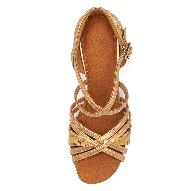 Women Latin Dance Shoes Gold Custom Heeled  Soft Soles Salsa Chacha Dancing Sandal