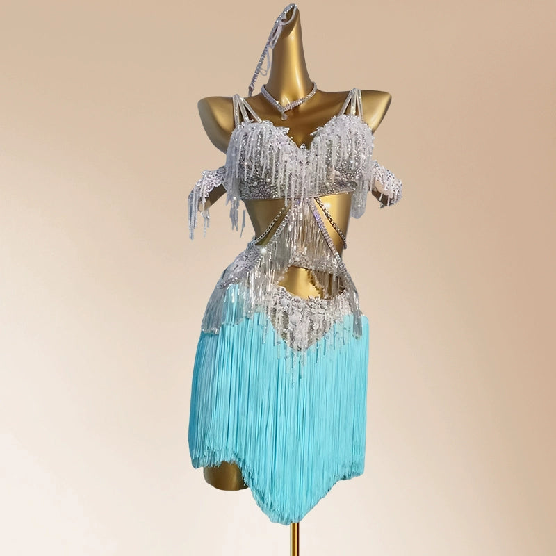 Custom Size Pink Blue Rhinestones Fringe Latin Dance Competition Dresses for Women Girls  Salsa Rumba Jive Blackpool Professional Dance Wear - Moderndancedress.com