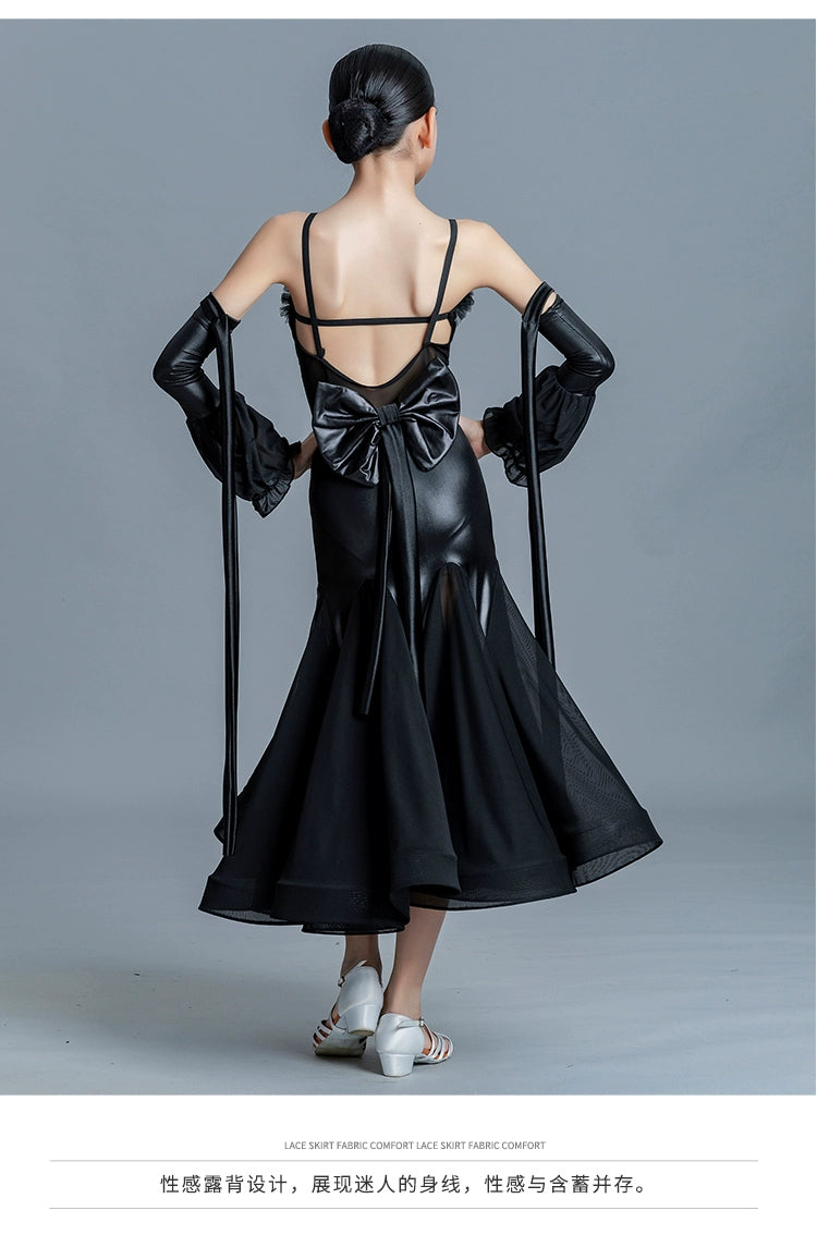Children's Black Ballroom Dance Dresses for Girls Kids Waltz Tango Ballroom Dance Costumes Performance Swing Skirts - Moderndancedress.com