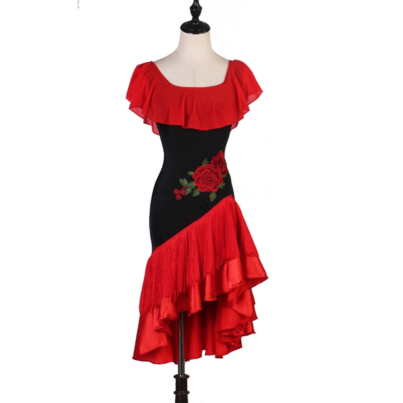 Professional Embroidered Flowers Red Blue Fringe Latin Dance Dress for Women Girls Red Turquoise Ruffles Neck Salsa Rumba Chacha Samba Dance Skirt - Moderndancedress.com