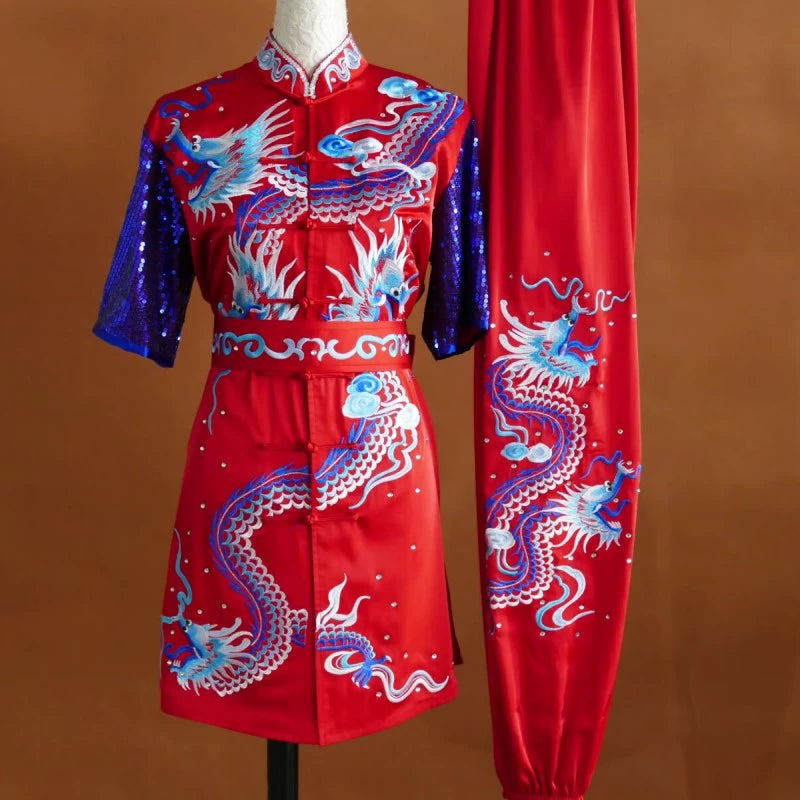 Customized size dragon Wushu martial art competition uniforms tai chi kungfu clothing for adult Children Changquan Nanquan Group Performance Suit - Moderndancedress.com