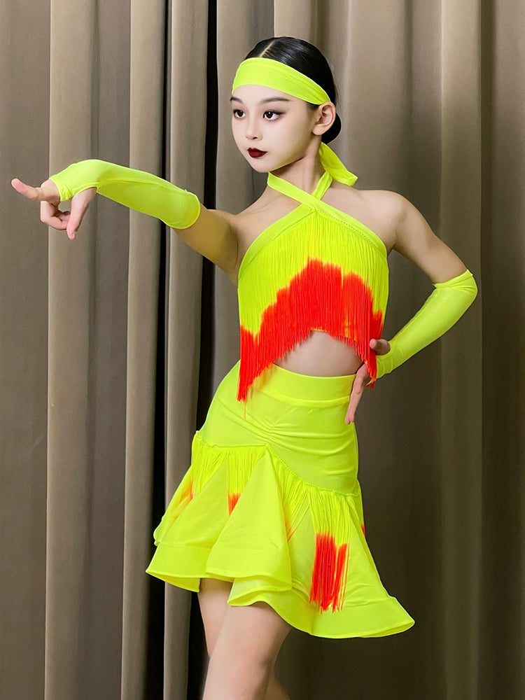 Pink Neon Green Red Fringe Latin Dance Dresses for Girls Kids Salsa Rumba Chacha Halter Neck Performance Clothing for Children - Moderndancedress.com