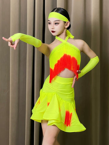 Pink Neon Green Red Fringe Latin Dance Dresses for Girls Kids Salsa Rumba Chacha Halter Neck Performance Clothing for Children - Moderndancedress.com