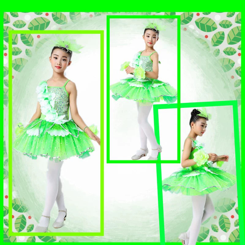 Children's Pink Petals Flowers Jazz Dance Dresses Jasmine Blossom Dance Costume Flower Fairy Tutu Skirts Performance Costume for Kids - Moderndancedress.com